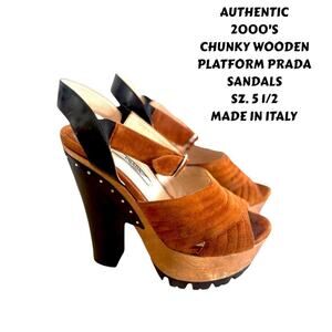 2000's vtg PRADA super chunky WOODEN Brown suede platform sandals  SZ. 5 1/2 EUC